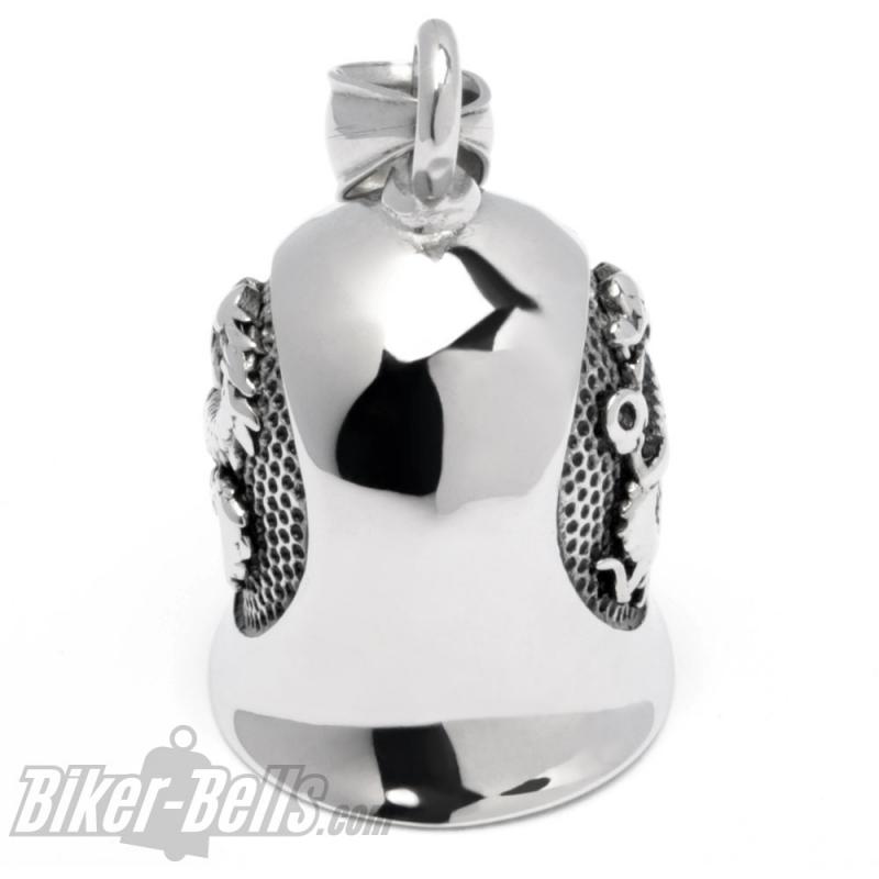 Drachen Biker-Bell aus Edelstahl silber poliert Motorrad Glücksglocke Geschenk